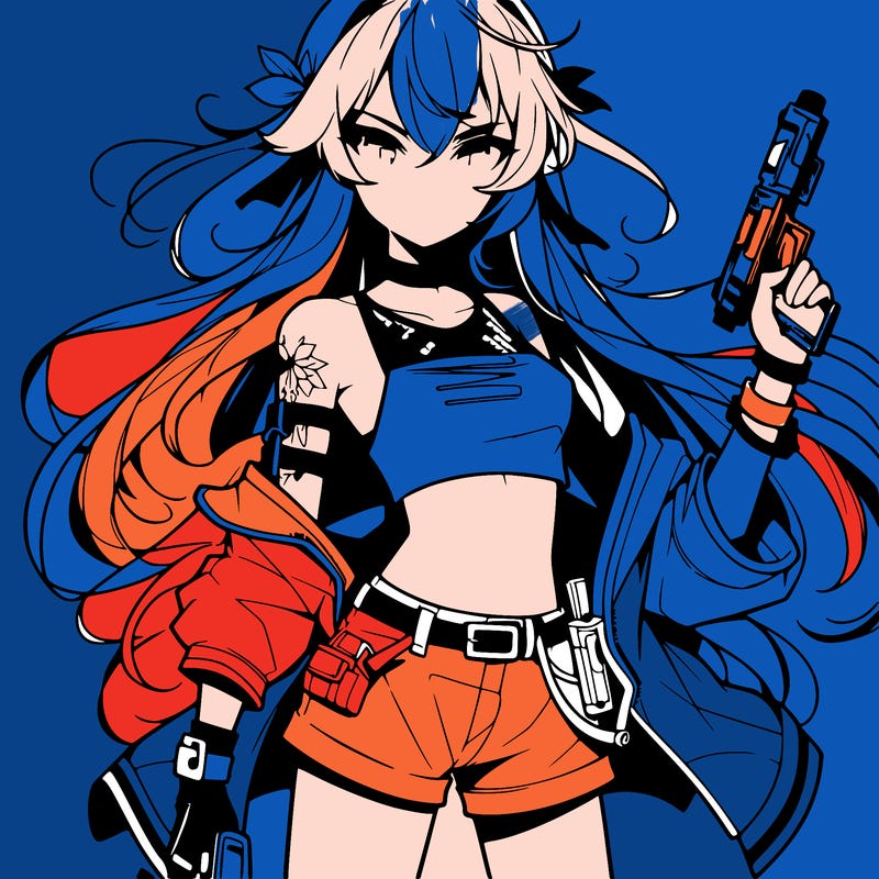 bad girl wearing crop top holding a gun long hair anime