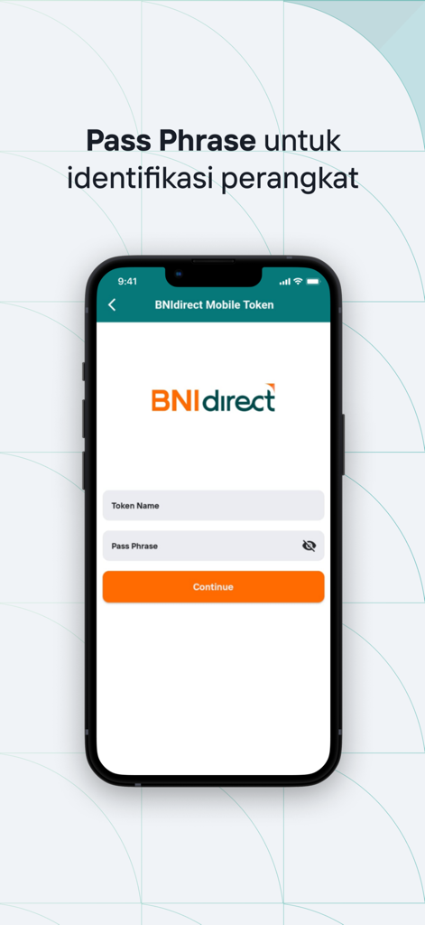 Mobile Token BNI - Setup screen for Mobile Token BNI showing fields for Token Name and Pass Phrase for device identification