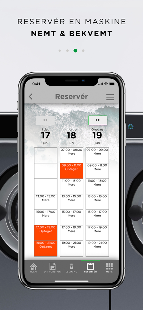 App-Benutzeroberfläche mit einem Reservierungsplan für Waschmaschinen mit verfügbaren und gebuchten Zeitfenstern