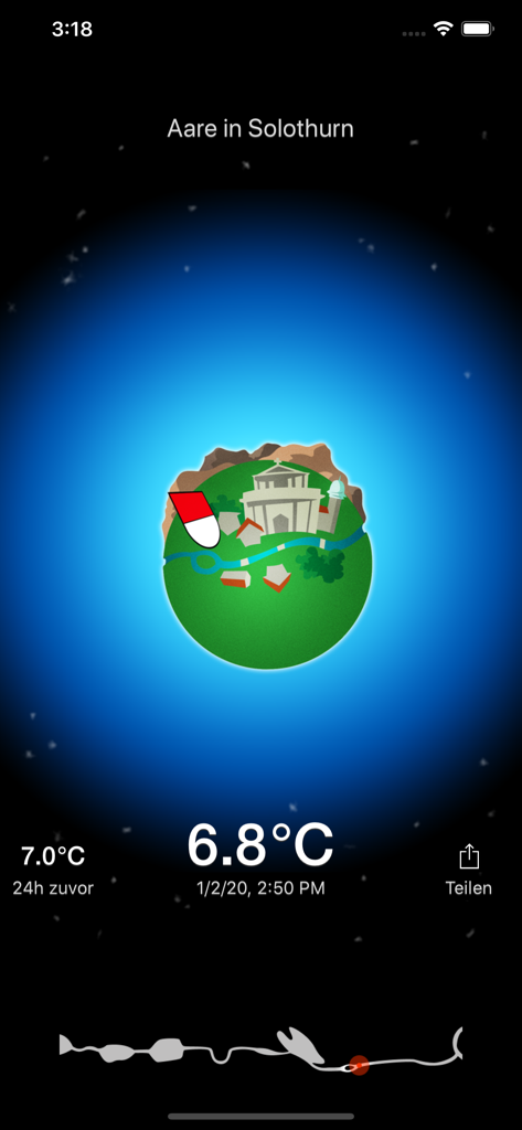 Aare - Mobile App-Oberfläche, die eine Wassertemperatur von 6,8 Grad Celsius für die Aare in Solothurn mit einer stilisierten kreisförmigen Illustration anzeigt.