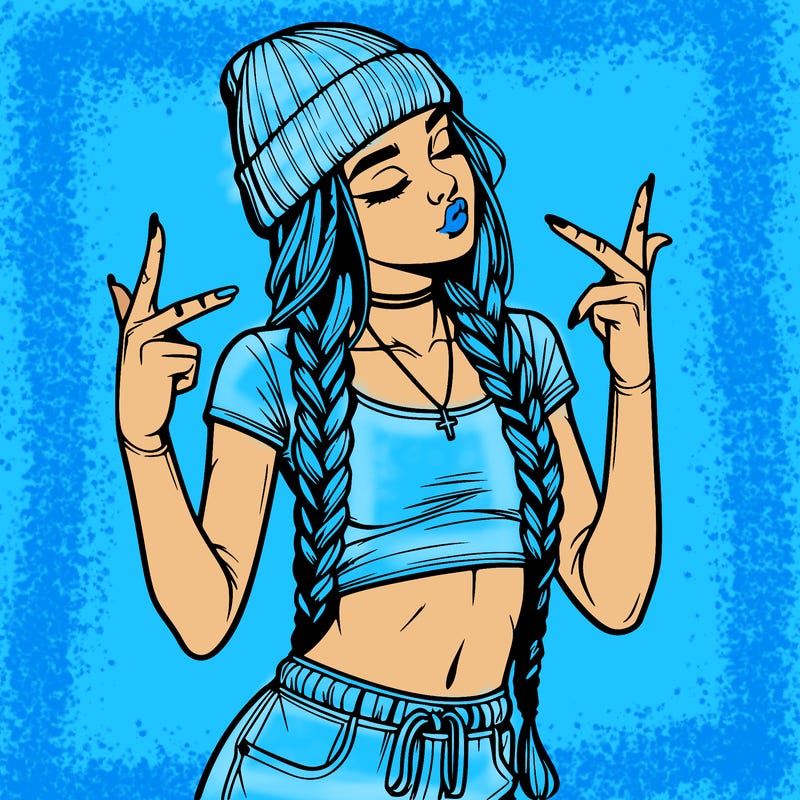 realistic teenage girl with braids and a beanie and crop top doing 🫶🏼