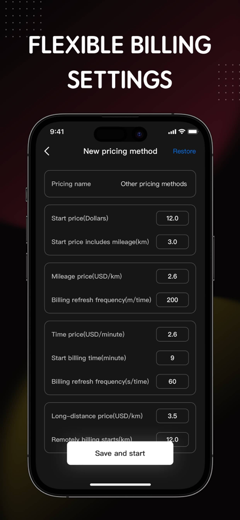 Taxi Meter & GPS Speedometer - Interface of the Taxi Meter app showing customizable billing settings for start price and mileage rates