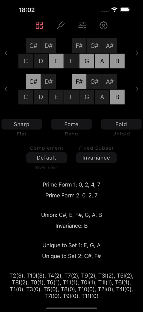 Composer Lab - Interface of the Composer Lab app showing pitch set theory calculations and a dual keyboard layout for harmonic analysis.