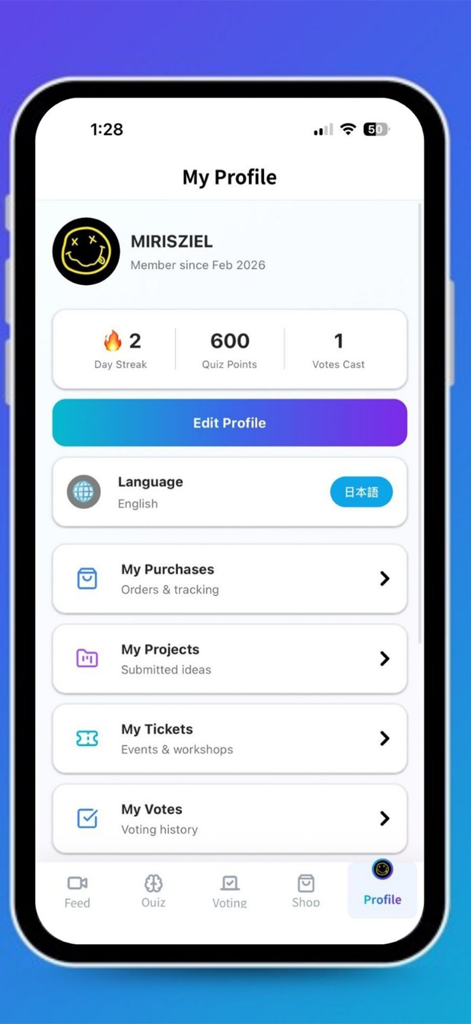 Ota Life - Pantalla de perfil de usuario de Ota Life mostrando puntos de concursos, rachas diarias y configuración de cuenta.