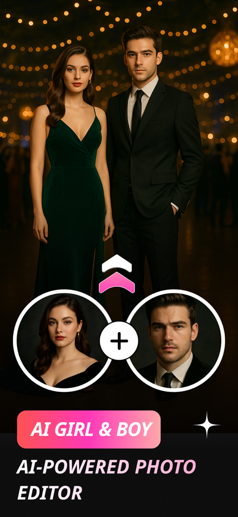 AI Couple Photo Generator - App-Oberfläche, die zeigt, wie die KI zwei separate Einzelbilder zu einem einzigen professionellen Partnerporträt zusammenführt