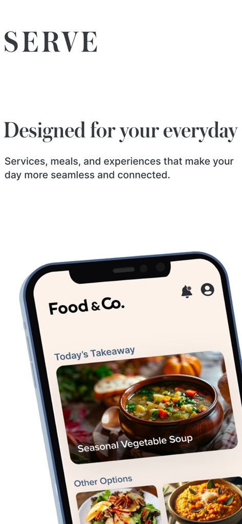 Serve by Food & Co. - Interfaz de la aplicación móvil Serve by Food and Co mostrando sopa de verduras de temporada en una pantalla de smartphone
