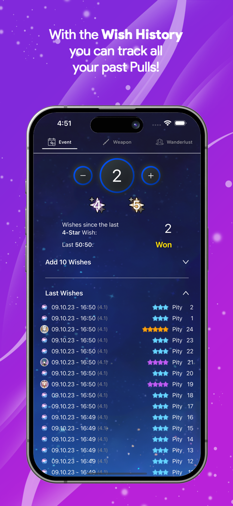 WishCounter-App-Oberfläche, die eine Liste vergangener Genshin Impact-Züge und Pity-Tracking anzeigt