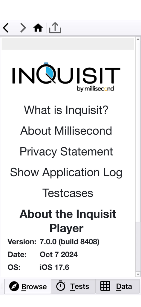 Inquisit Player 7 - About page for Inquisit Player 7 showing app version and links