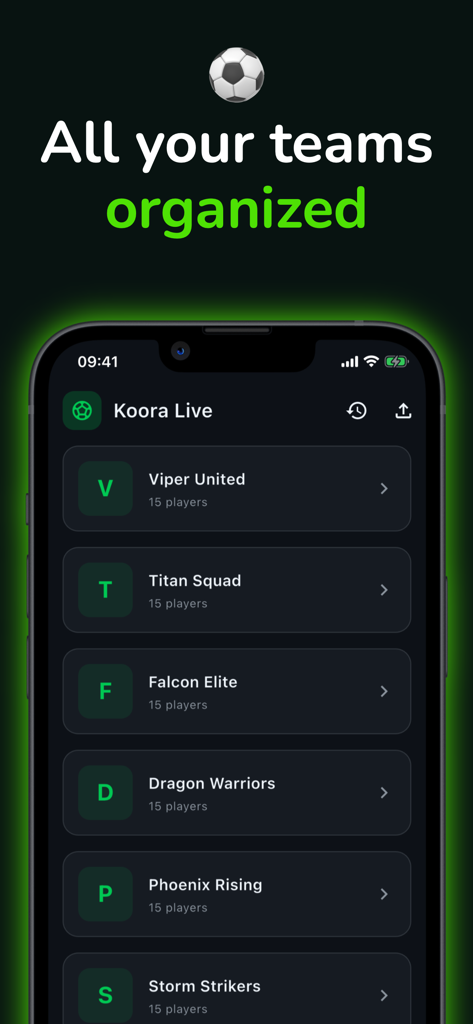 Koora Live - Schermata mobile dell'app Koora Live che mostra un elenco di squadre di calcio organizzate per l'allenamento