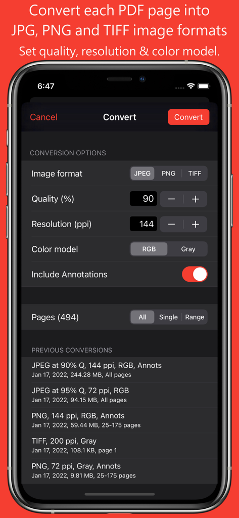 PDF to JPG - Converter - PDF to JPG App-Konfigurationseinstellungen, die Optionen für Bildformat, Qualität, Auflösung und Farbmodell anzeigen
