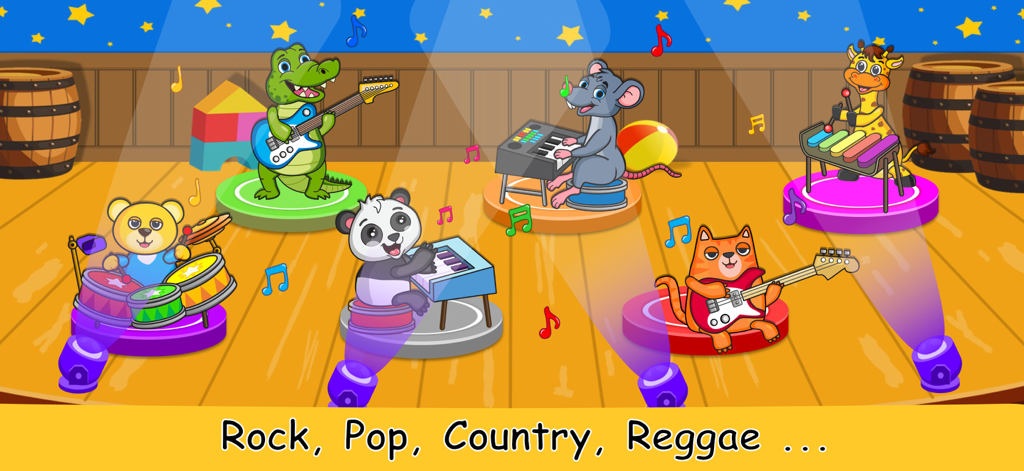 Musical Game for Kids NEW - Una colorida banda de animales de dibujos animados actuando con diferentes estilos musicales en un escenario en la aplicación Musical Game for Kids.