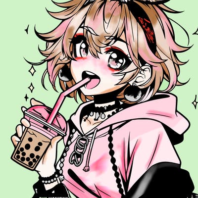 hot baddie anime girl drinking boba and biting the straw