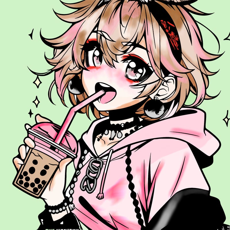 hot baddie anime girl drinking boba and biting the straw