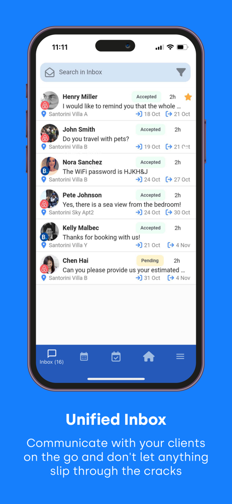 Hostify - Bandeja de entrada unificada de la aplicación móvil Hostify mostrando mensajes de huéspedes de múltiples plataformas de reserva.