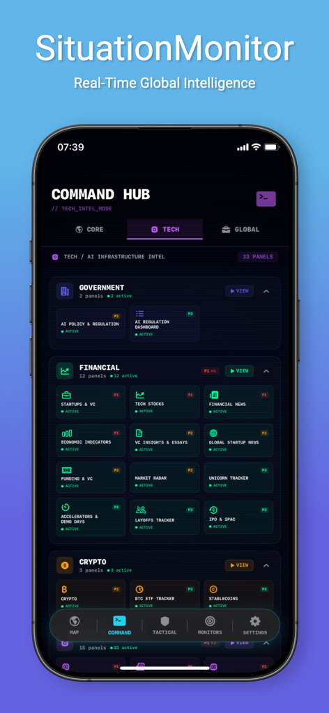 SituationMonitor - SituationMonitor mobile app command hub with data panels for tech and financial intelligence