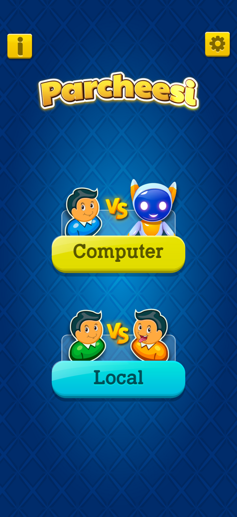 Pantalla del menú del juego Parchís mostrando opciones para jugar contra la computadora o multijugador local