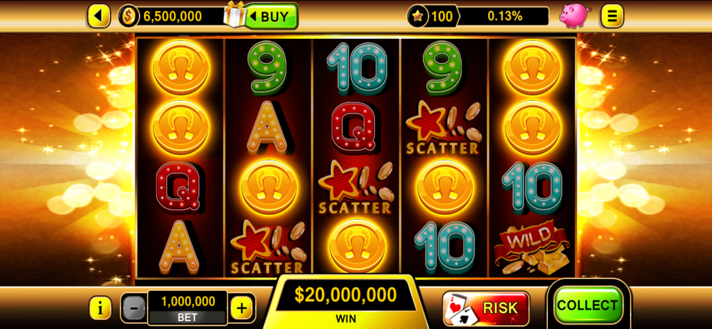 Slots online: Fruit Machines - A golden slot machine gameplay screen showing a twenty million dollar jackpot win with horseshoe and scatter symbols