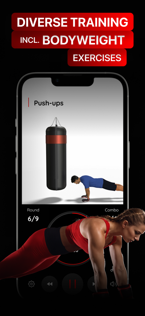 Boxing Training: Bag Workouts - Mobile app interface showing bodyweight exercises integrated with boxing bag training