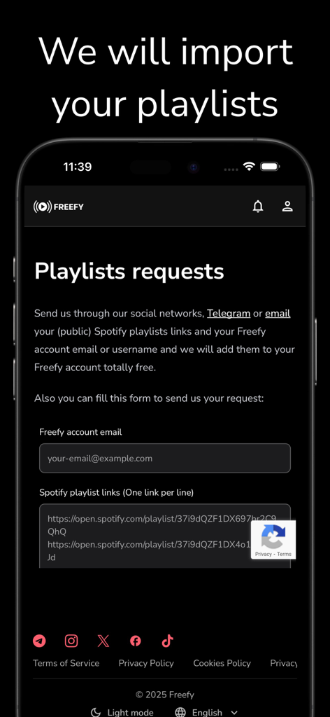 Screenshot of the Freefy app showing a form to import Spotify playlists for free