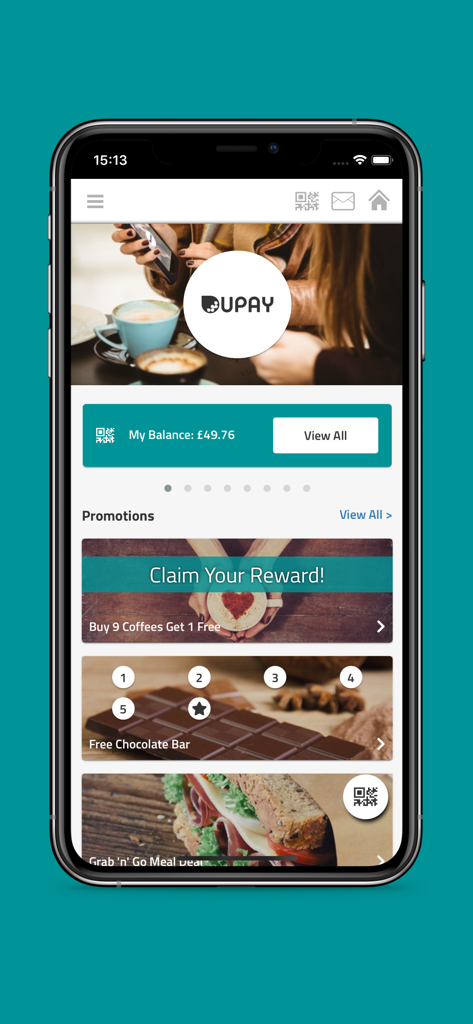 Upay - Payments & Loyalty - Upay mobile app dashboard displaying account balance and various digital loyalty rewards like free coffee and chocolate bar promotions