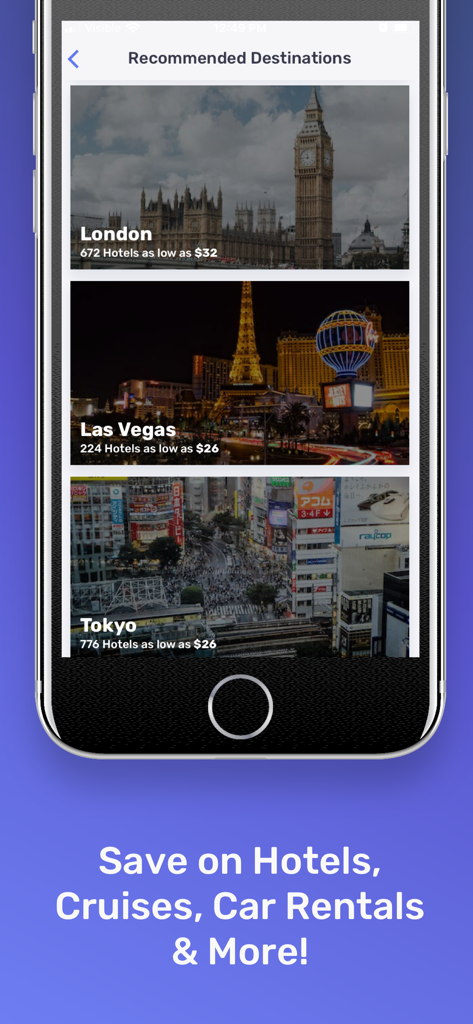 ID90 Travel app screen showing recommended destinations with low-cost hotel rates in London Las Vegas and Tokyo
