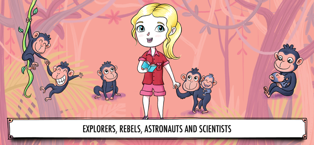 Women Who Changed the World - 정글 삽화 속 침팬지들에 둘러싸인 제인 구달