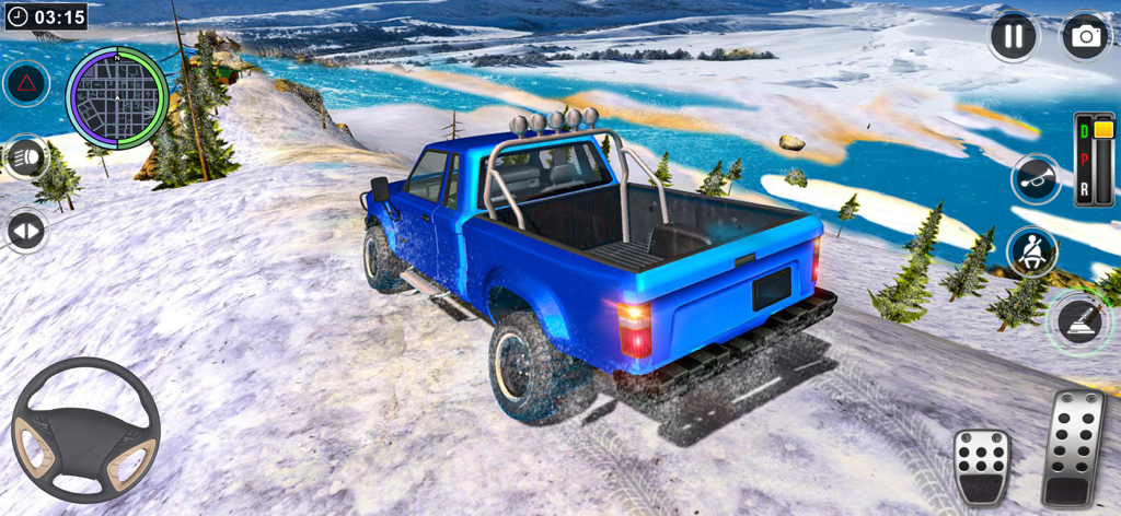 Car Driving Master: Car Games - A blue pickup truck driving offroad on a snowy mountain in a car simulation game