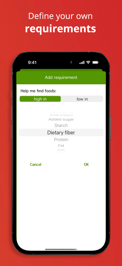 Smartphone screen showing the Natural Food Guide app interface for setting custom dietary requirements like high fiber