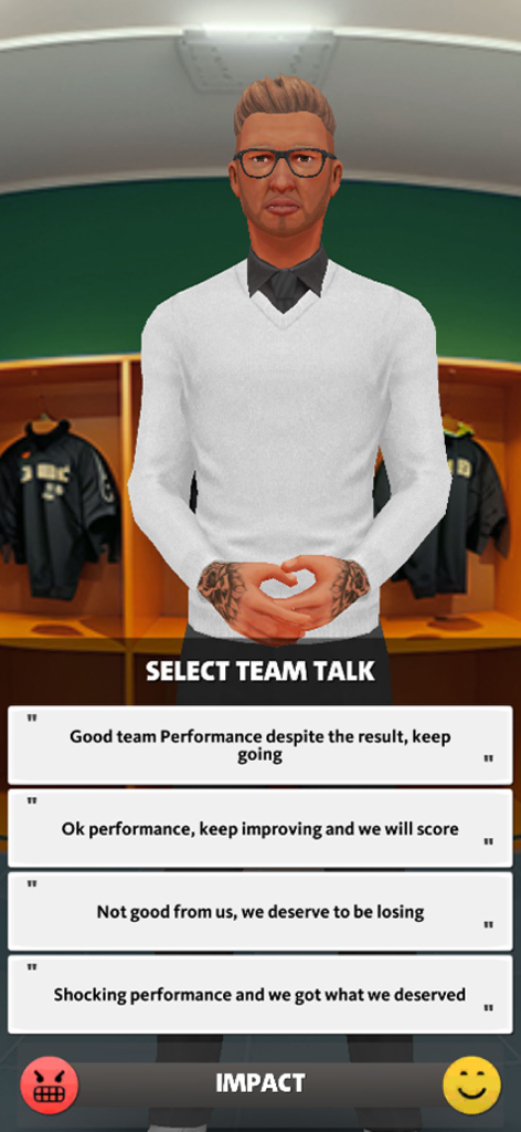 A soccer manager in a locker room selecting a team talk message from several options