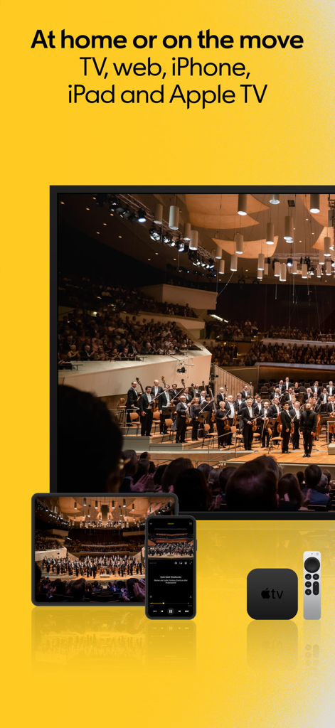 Berliner Philharmoniker - Berliner Philharmoniker Digitale Konzerthalle App auf einem Fernsehbildschirm, iPad, iPhone und Apple TV-Gerät angezeigt