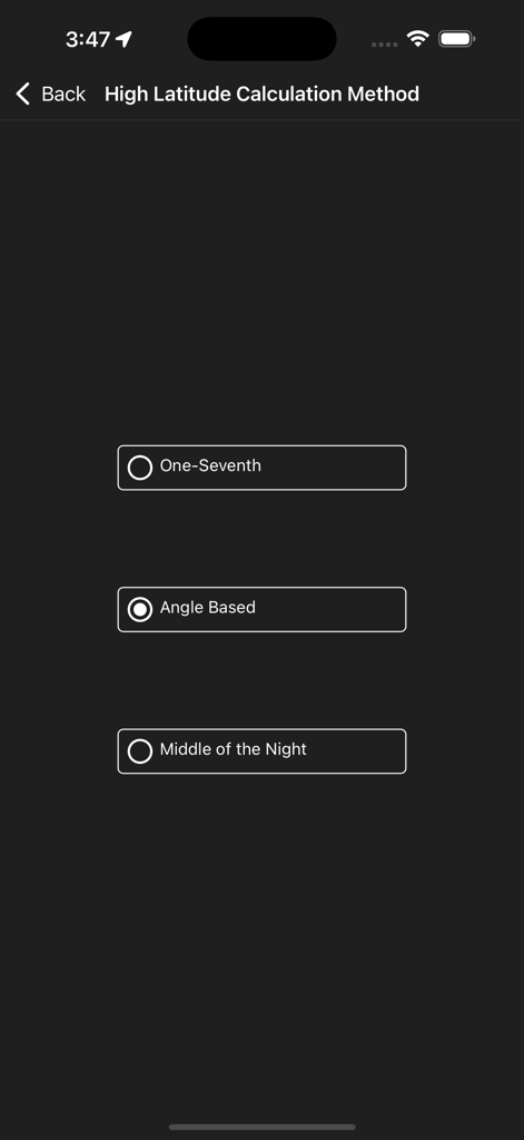 Ramadan Dashboard - Settings screen for selecting high latitude prayer time calculation methods including Angle Based and One Seventh options