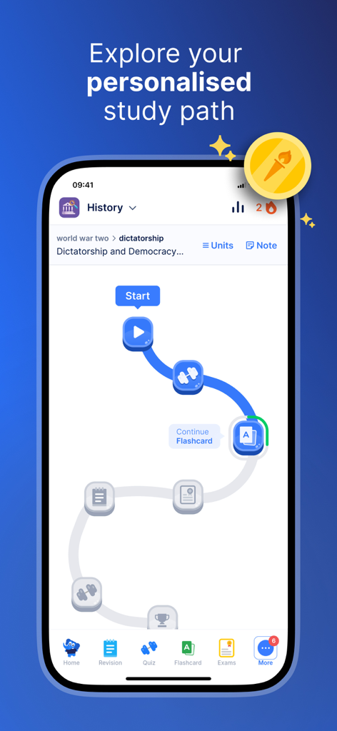 SimpleStudy: Exams & Revision - A mobile app interface displaying a gamified personalized study path for History revision