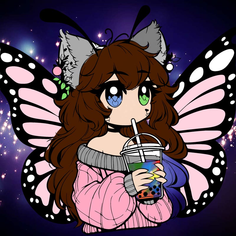 a realistic butterfly/furry girl drinking boba