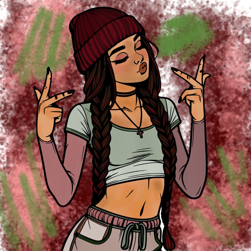 realistic teenage girl with braids and a beanie and crop top doing 🫶🏼