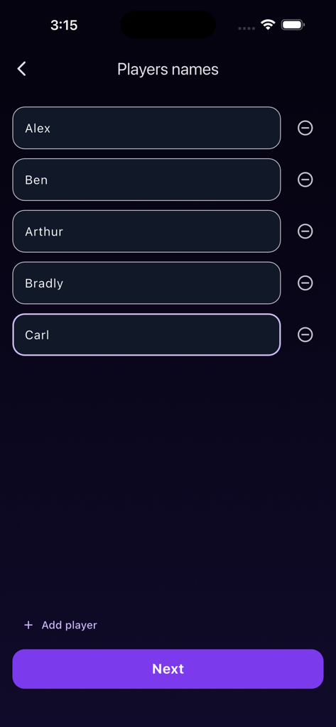 Interfaccia per l'aggiunta di nomi giocatore nel gioco di società The Imposter