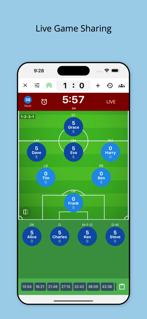 SubTime app screen showing live game sharing with a soccer field lineup and player rotation tracking