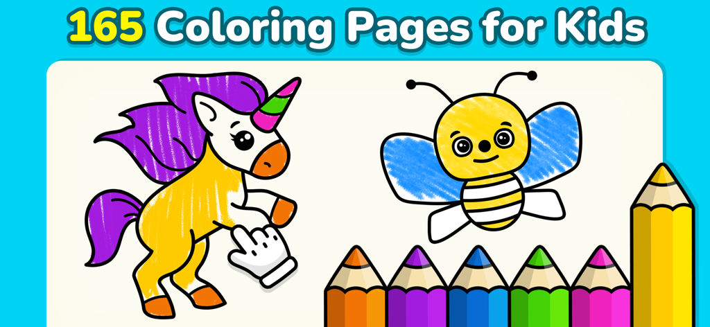 Baby Coloring Book: Kids Games - Baby coloring book app interface featuring a unicorn and a bee being colored by a child