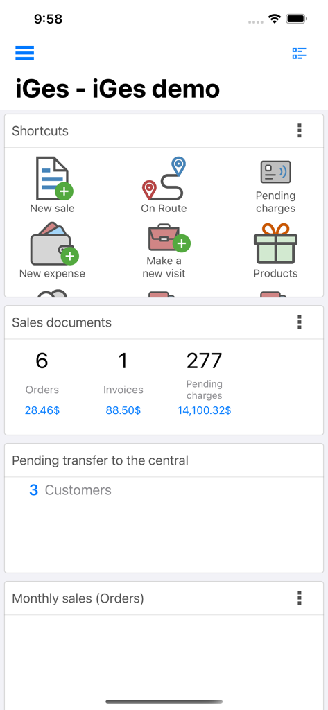 iGes - Sales management - Dashboard of the iGes sales management app showing shortcuts for new sales, route management, and sales summaries