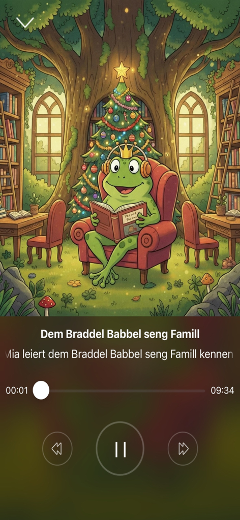 Braddel Babbel - Una rana de dibujos animados con corona y auriculares leyendo un libro en una acogedora biblioteca forestal con un árbol de Navidad