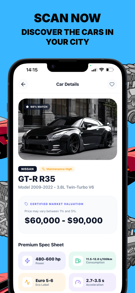 CarSnapIA : Car Scan - Mobile app interface displaying technical specifications and market valuation for a Nissan GT-R R35