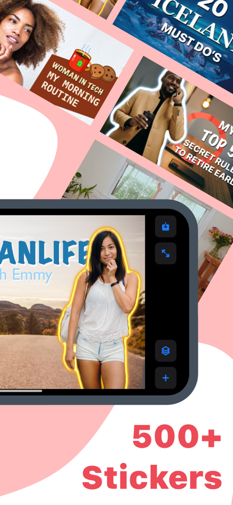 Thumbnail Creator for YouTube - Interfaz de aplicación móvil para crear miniaturas de YouTube con efectos de pegatinas brillantes y superposiciones de texto