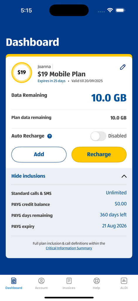 ALDI Mobile - ALDI Mobile app dashboard displaying data remaining and prepaid plan information