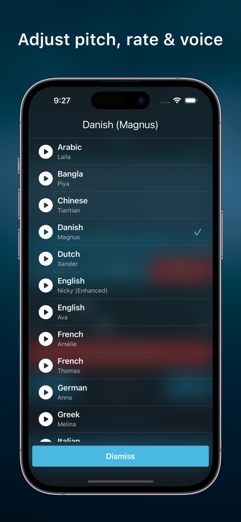 Speak • Speech Synthesizer - Speakアプリのメニュー。英語、フランス語、ドイツ語を含む様々な国際的な音声と言語のリストが表示されています。