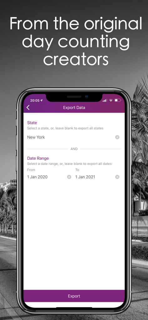 TrackingStates app export data screen for state residency tracking