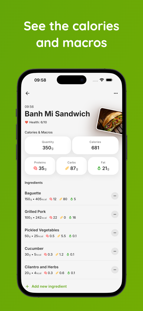 CalSnap app interface displaying calorie and macro breakdown for a Banh Mi sandwich
