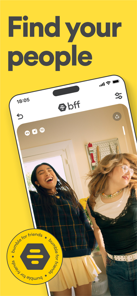 Bumble For Friends: Meet IRL - Duas jovens rindo juntas em um fundo amarelo com o texto Encontre sua galera.