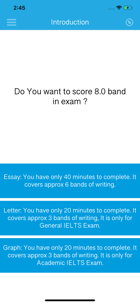 Introduction screen of IELTS Writing Tutor app showing writing task details and time limits