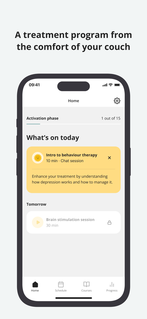 Flow - Depression treatment - 行動療法セッションと活性化フェーズの進捗を表示するFlowアプリのホーム画面