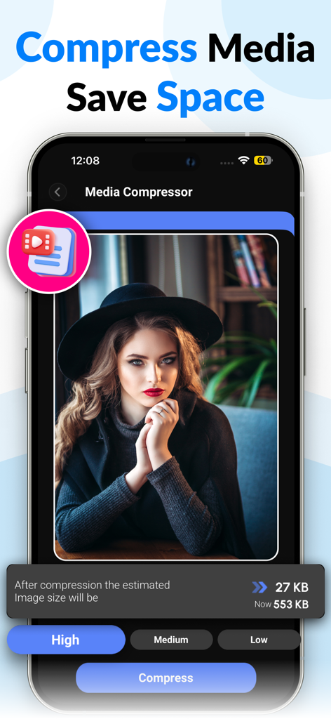 CleanerZ: Clean Phone Storage - Interfaz de la aplicación CleanerZ que muestra una herramienta de compresión de medios para reducir el tamaño de archivo de las fotos y ahorrar espacio de almacenamiento