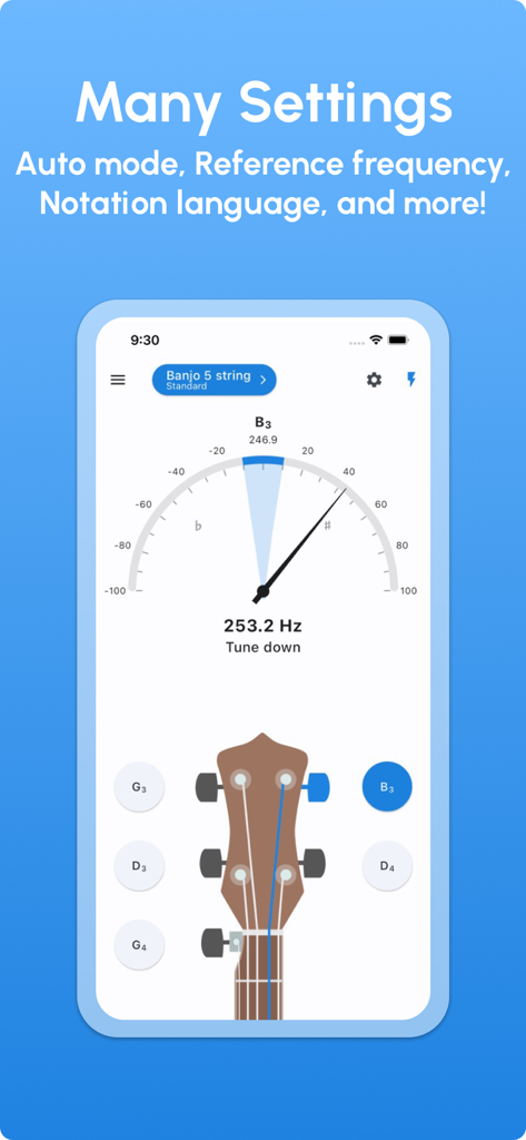 Banjo Tuner - LikeTones - Banjo tuner app interface showing tuning needle and available settings